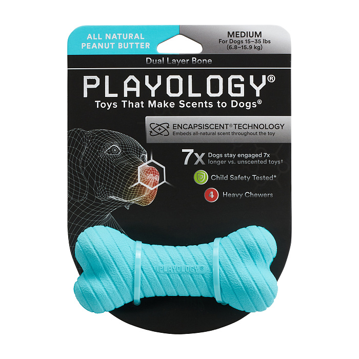 Playology двухслойная жевательная косточка DUAL LAYER BONE для собак средних пород с ароматом арахиса, средняя, цвет голубой СКИДКА 50%