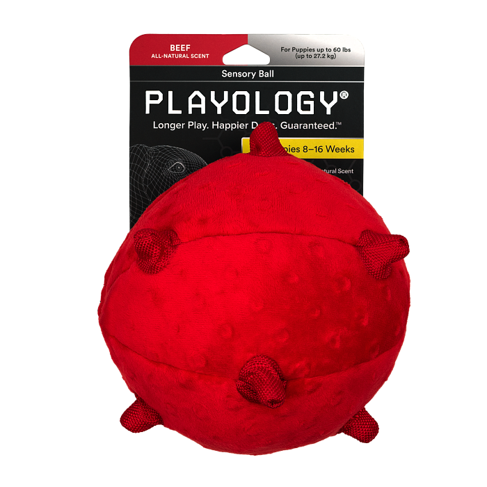 Сенсорный плюшевый мяч Playology PUPPY SENSORY BALL 15 см для щенков средних и крупных пород 8-16 недель с ароматом говядины, цвет красный СКИДКА 50%