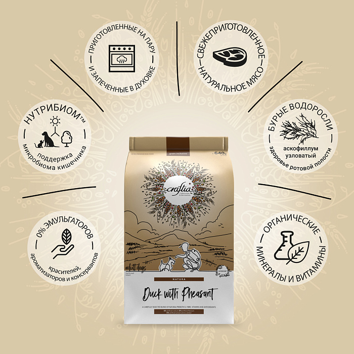 Сухой корм CRAFTIA NATURA для взрослых собак миниатюрных и мелких пород из утки с фазаном 640 г