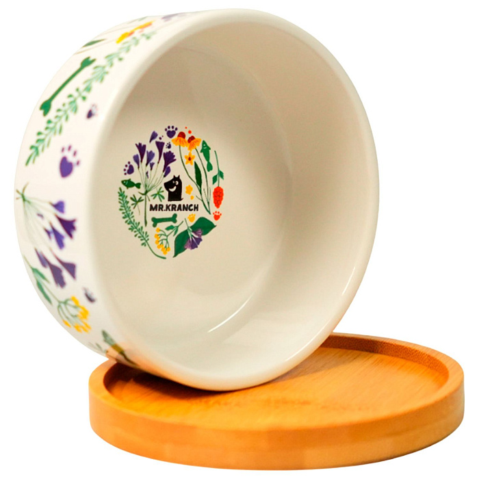 Миска Mr.Kranch Bamboo 340 мл Цветы Прованса керамическая на бамбуковой подставке васильковая СКИДКА 30%