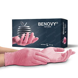 BENOVY Nitrile MultiColor, перчатки нитриловые, РОЗОВЫЕ, L, 50 пар/уп (только из наличия) СКИДКА 20%