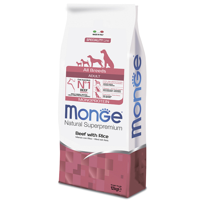 Сухой корм Monge Dog Speciality Line Monoprotein All Breeds Beef and Rice для взрослых собак всех пород, из говядины с рисом 12 кг