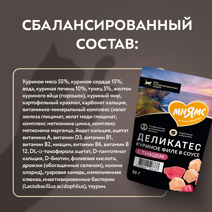 Влажный корм Мнямс Деликатес Куриное филе с тунцом в соусе для стерилизованных кошек 50 г