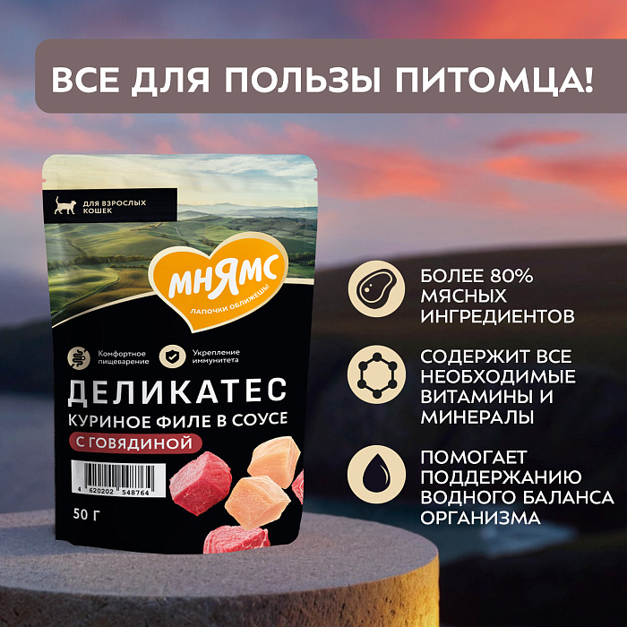 Влажный корм Мнямс Деликатес Куриное филе с говядиной в соусе для кошек 50 г