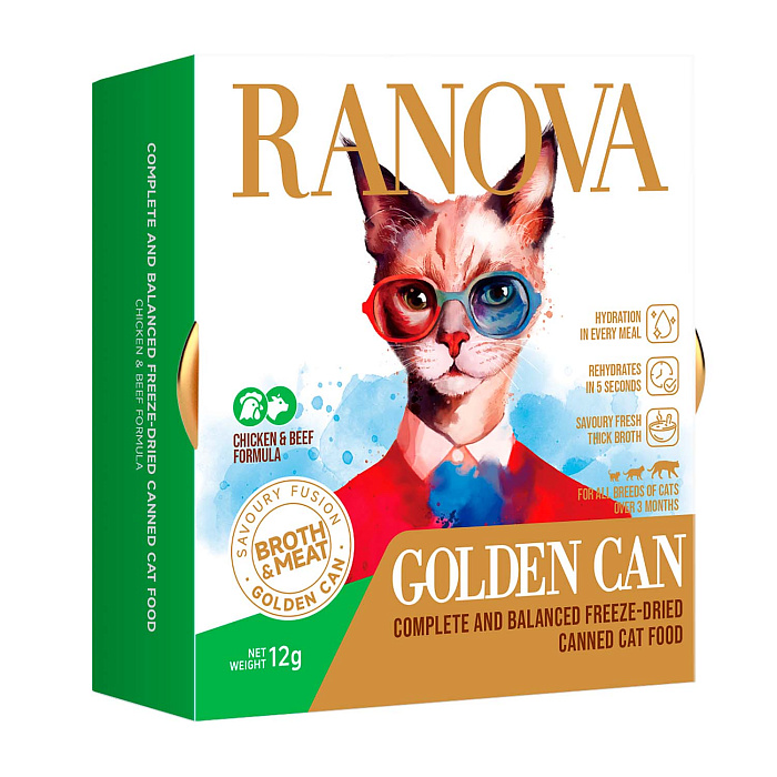 Полнорационный сухой (сублимированный) корм Ranova для кошек консервированный с курицей и говядиной, 12 г