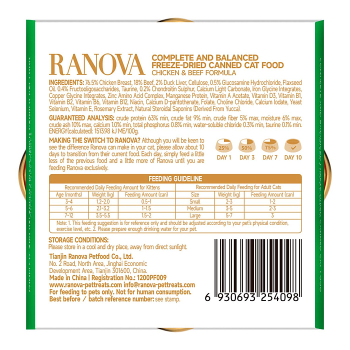 Полнорационный сухой (сублимированный) корм Ranova для кошек консервированный с курицей и говядиной, 12 г
