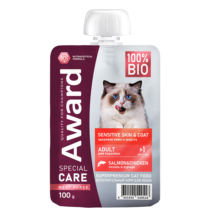 Влажный дополнит. корм AWARD SPECIAL CARE Sensitive skin&coat "мясное пюре" для взрослых кошек для здоровья кожи и шерсти из курицы с лососем 100 г