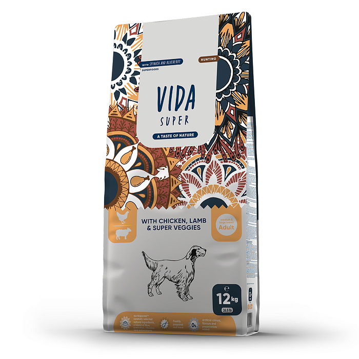 Сухой корм VIDA SUPER для взрослых собак средних и крупных пород из курицы с ягненком и овощами 12 кг