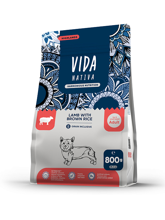 Сухой корм VIDA NATIVA для взрослых собак миниатюрных и мелких пород из ягненка с бурым рисом 800 г