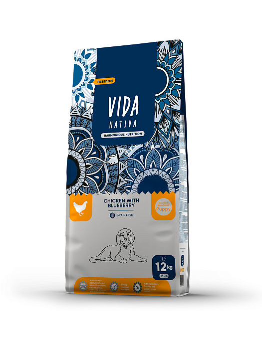 Сухой корм VIDA NATIVA для щенков средних и крупных пород из курицы с черникой 12 кг