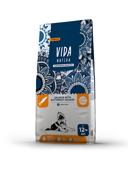 Сухой корм VIDA NATIVA для щенков средних и крупных пород из лосося с мускатной тыквой 12 кг