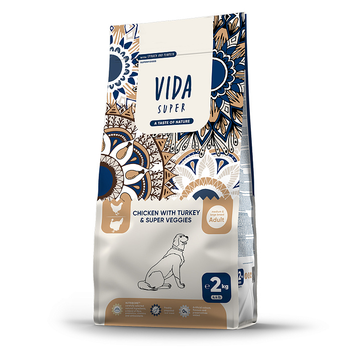 Сухой корм VIDA SUPER для взрослых собак средних и крупных пород из курицы с индейкой и овощами 2 кг