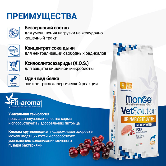 Диетический корм Monge VetSolution Dog Urinary Struvite Уринари Струвит для собак при заболеваниях мочеполовой системы и струвитном течении МКБ 12 кг