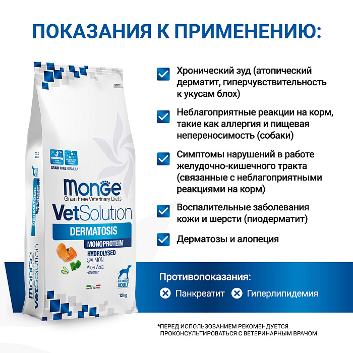 Диетический корм Monge VetSolution Dog Dermatosis Дерматозис для собак при заболеваниях кожи 12 кг