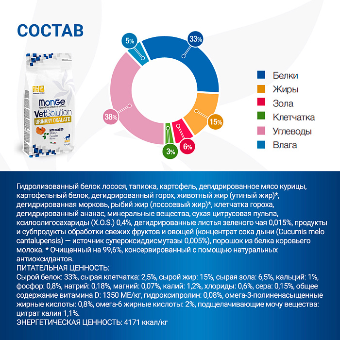 Диетический корм Monge VetSolution Cat Urinary Oxalate Уринари Оксалат для кошек при заболеваниях мочеполовой системы и оксалатном течении МКБ 1,5 к