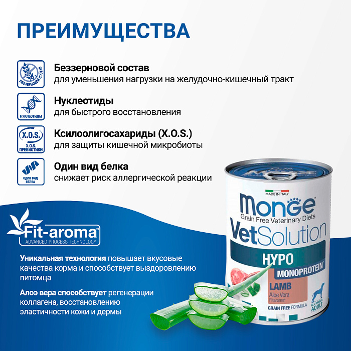 Диетический корм Monge VetSolution Dog Hypo Monoprotein LAMB Гипо монопротеин с ягнёнком для собак для снижения реакции пищевой непереносимости 400г