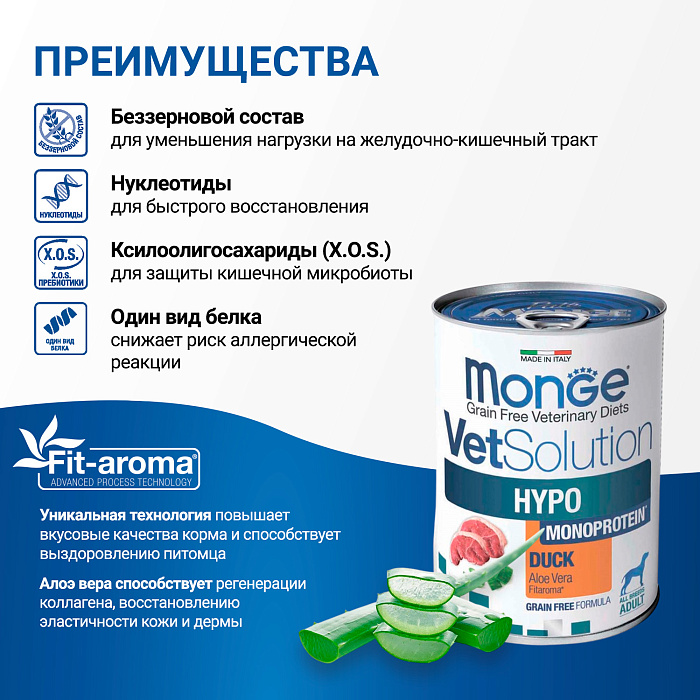Диетический корм Monge VetSolution Dog Hypo Monoprotein DUCK Гипо монопротеин с уткой для собак для снижения реакции пищевой непереносимости 400 г