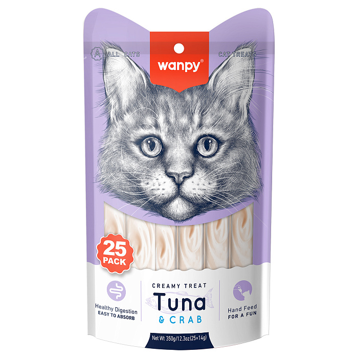 Wanpy Cat Лакомство для кошек "нежное пюре" из тунца и краба 25 шт х14 г