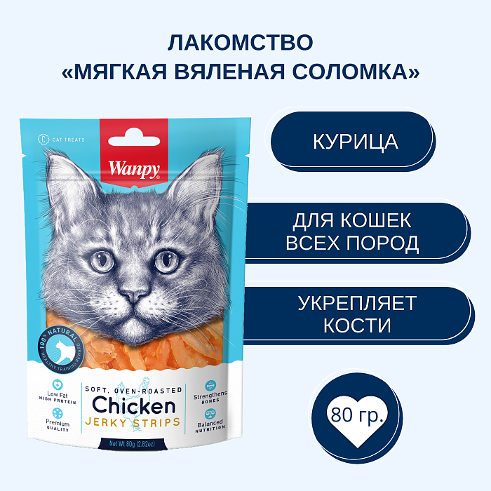 Wanpy Cat Лакомство для кошек «мягкая вяленая соломка» из курицы 80 г