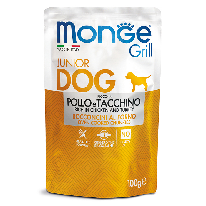 Влажный корм Monge Dog Grill Puppy&Junior для щенков с курицей и индейкой, паучи 100 г
