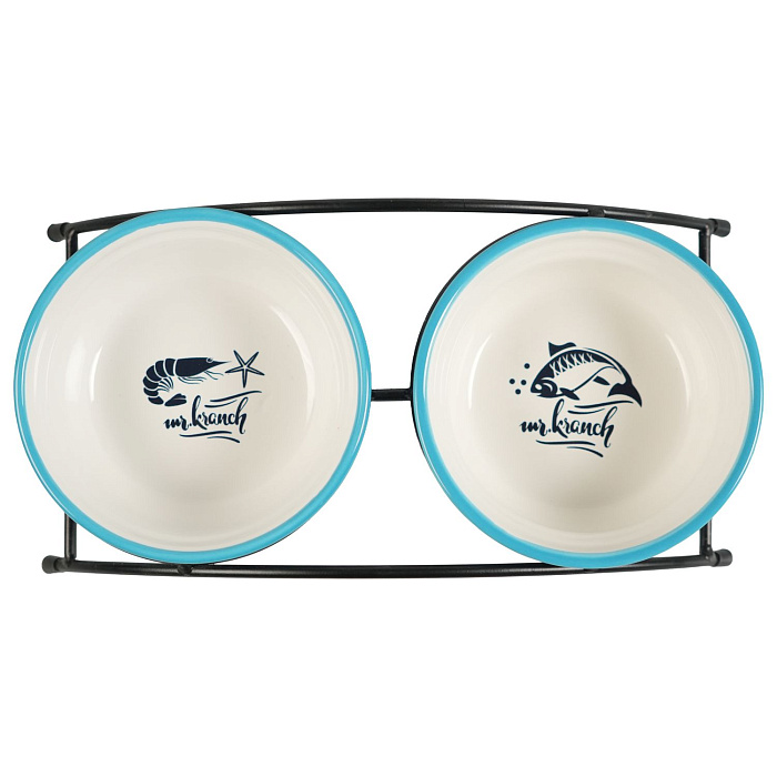 Миски Mr.Kranch на подставке для собак и кошек двойные 2x290 мл fish&chips голубые
