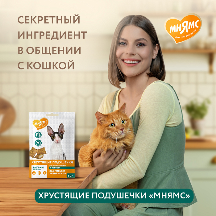 Лакомство Мнямс "Здоровье и активность" хрустящие подушечки для кошек с курицей 60 г.