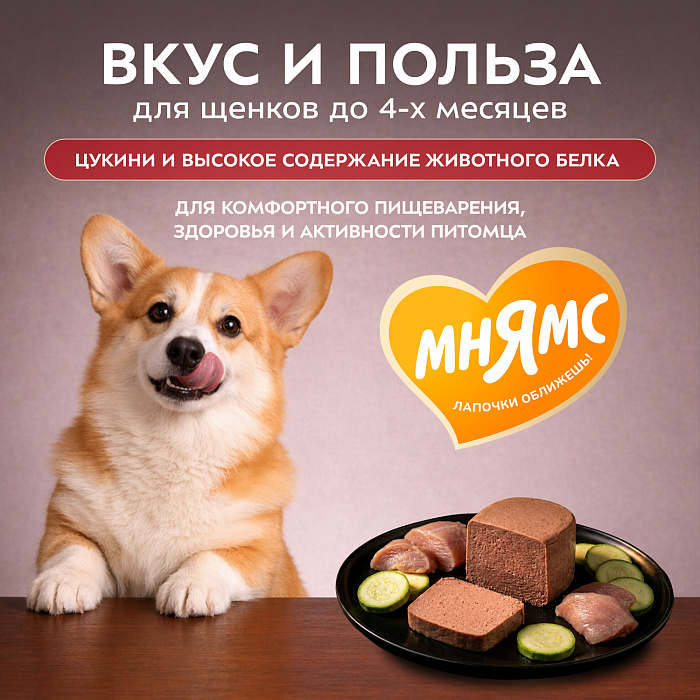 Влажный корм Мнямс Деликатес СТАРТЕР Паштет из индейки с цукини для щенков до 4 месяцев "Мусс по-французски" 200 г