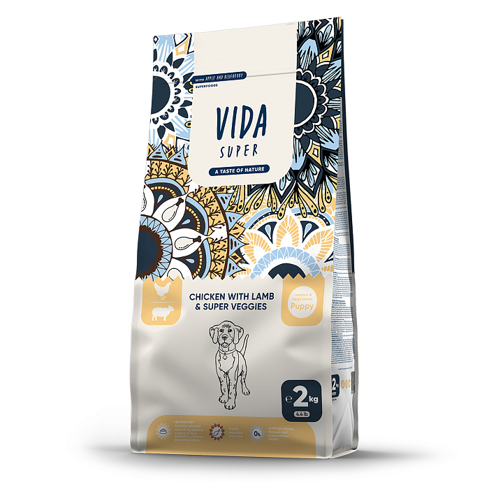 Сухой корм VIDA SUPER для щенков средних и крупных пород из курицы с ягненком и овощами 2 кг