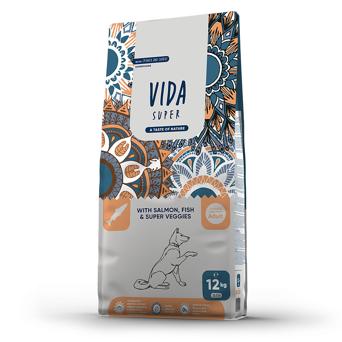 Сухой корм VIDA SUPER для взрослых собак средних и крупных пород из лосося и рыбы с овощами 12 кг