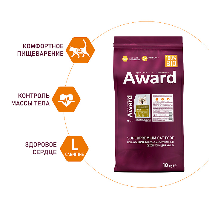 Сухой корм AWARD Hairball & Indoor для взрослых кошек для выведения шерсти с уткой и индейкой с добавлением зеленой чечевицы и Юкки Шидигера 10кг