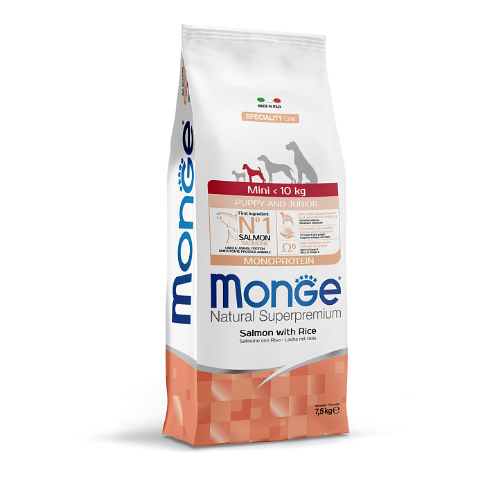 Сухой корм Monge Dog Speciality Line Monoprotein для щенков мелких пород, из лосося с рисом 7,5 кг