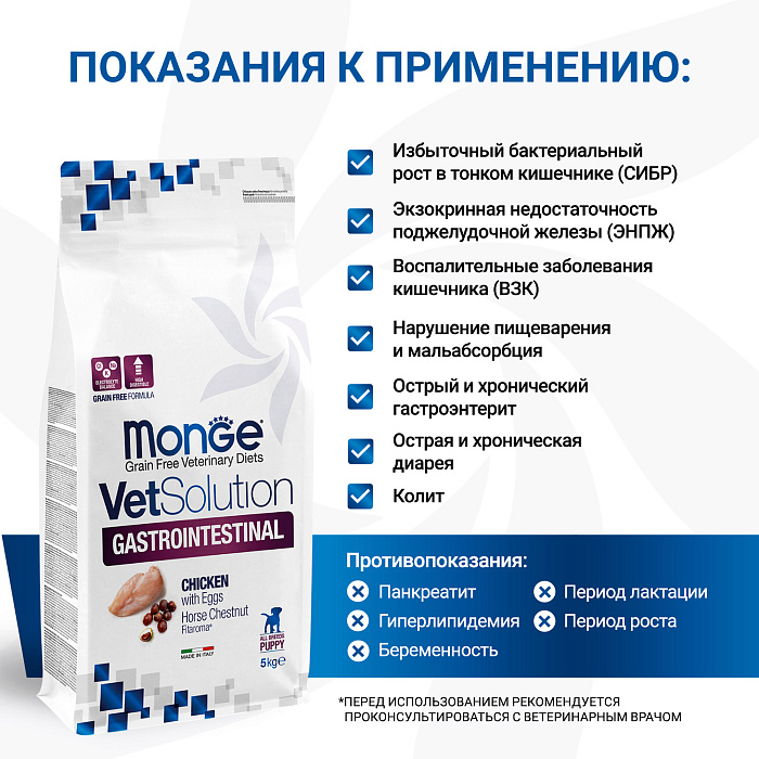 Диетический корм Monge VetSolution Dog Gastrointestinal Гастроинтестинал для щенков при заболеваниях ЖКТ 5 кг