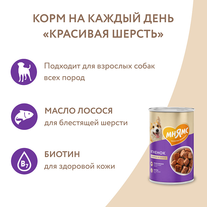 Влажный корм Мнямс На каждый день Кусочки в соусе с ягненком для собак «КРАСИВАЯ ШЕРСТЬ» 400 г