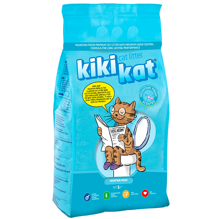 Бентонитовый наполнитель для кошачьего туалета KikiKat супербелый комкующийся, с ароматом горной свежести, 5 л
