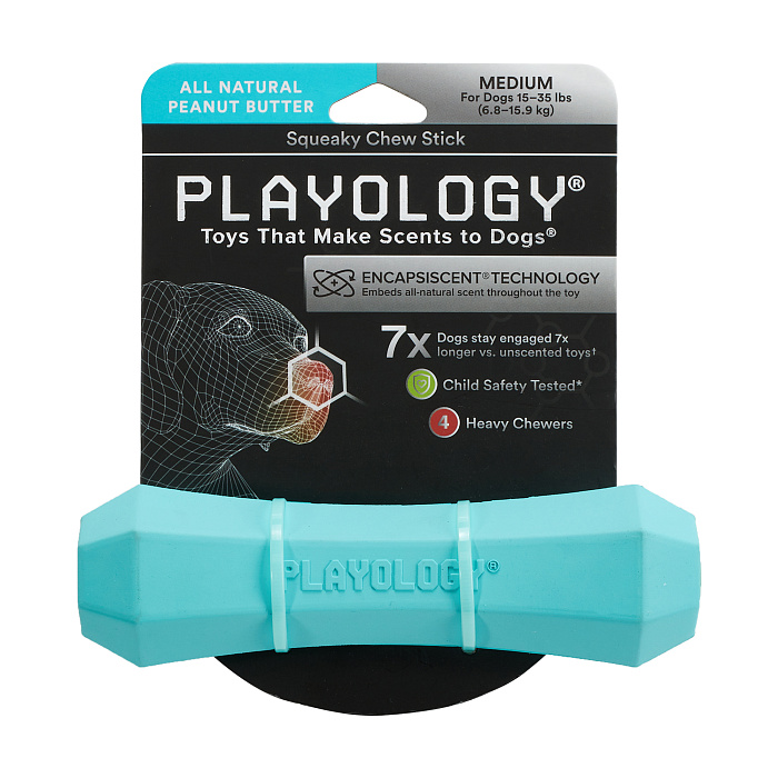 Playology  жевательная палочка SQUEAKY CHEW STICK для собак средних пород с ароматом арахиса, средняя, цвет голубой СКИДКА 50%