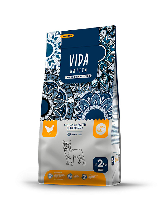 Сухой корм VIDA NATIVA для взрослых собак миниатюрных и мелких пород из курицы с черникой 2 кг