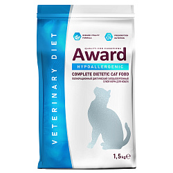 Диетический корм AWARD VETERINARY DIET HYPOALLERGENIC для взрослых кошек при аллергии или пищевой непереносимости 1,5 кг