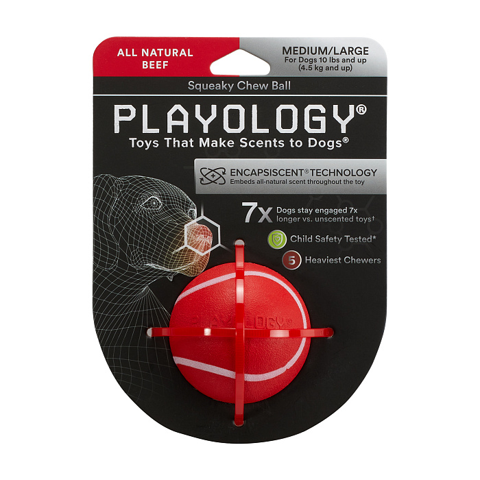 Playology  жевательный мяч SQUEAKY CHEW BALL 6 см для собак мелких и средних пород с пищалкой и с ароматом говядины, цвет красный СКИДКА 50%