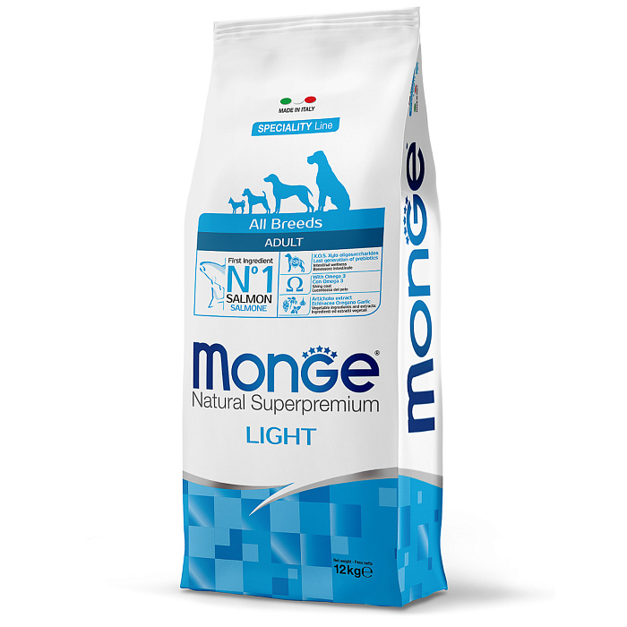 Сухой корм Monge Dog Speciality Line Light для взрослых собак всех пород, низкокалорийный, лосось с рисом 12 кг