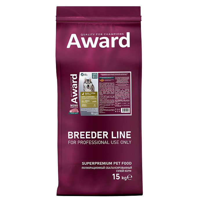 Сухой корм AWARD PFB Monoprotein для взрослых собак всех пород из утки с добавлением яблок и артишока 15кг