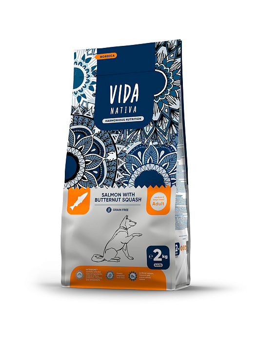 Сухой корм VIDA NATIVA для взрослых собак средних и крупных пород из лосося с мускатной тыквой 2 кг