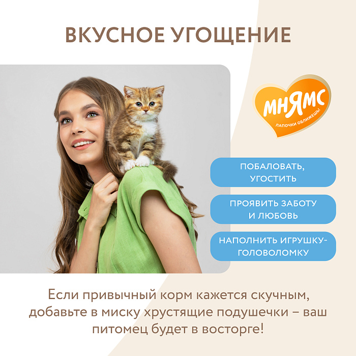 Лакомство Мнямс Хрустящие подушечки для котят с цыпленком и яйцом "Здоровый котенок" 60 г.