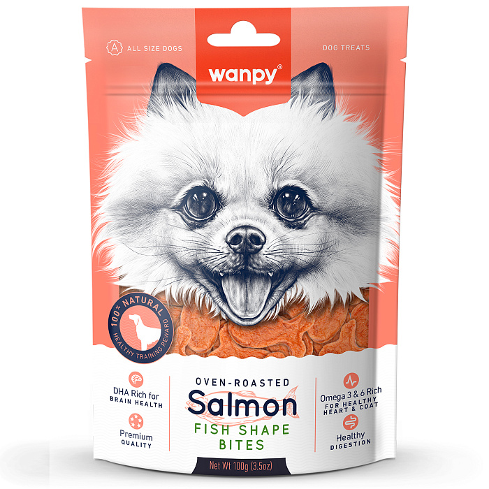 Wanpy Dog лакомые кусочки из нежного лосося в форме рыбок 100 г