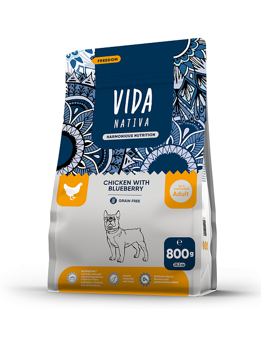 Сухой корм VIDA NATIVA для взрослых собак миниатюрных и мелких пород из курицы с черникой 800 г