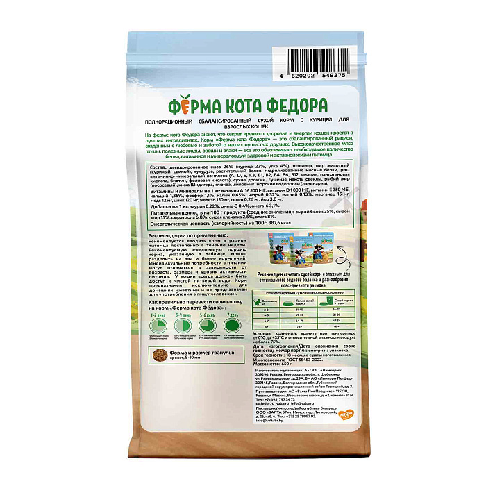 Сухой корм Ферма кота Федора для взрослых кошек с курицей 650 г