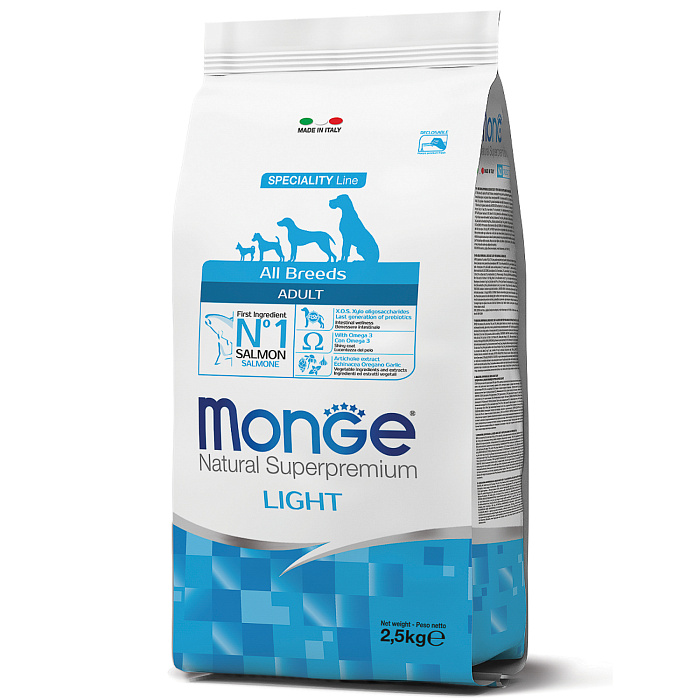 Сухой корм Monge Dog Speciality Line Light для взрослых собак всех пород, низкокалорийный, лосось с рисом 2,5 кг