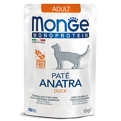 Влажный корм Monge Cat Monoprotein для взрослых кошек, из утки, паучи 85 г