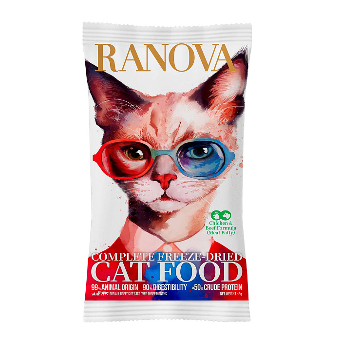 Полнорационный сухой (сублимированный) корм Ranova для кошек с курицей и говядиной, 8 г