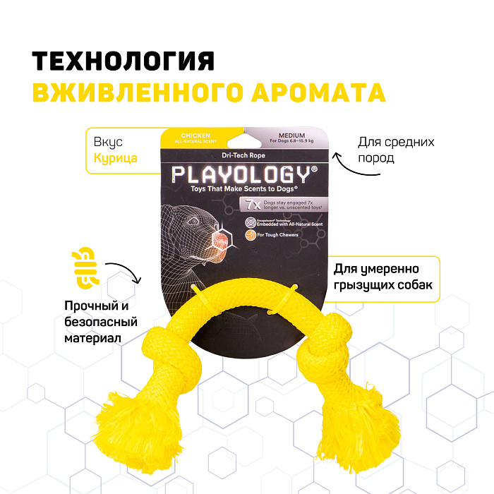 Playology жевательный канат DRI-TECH ROPE для собак средних пород с ароматом курицы, средний, цвет желтый СКИДКА 50%