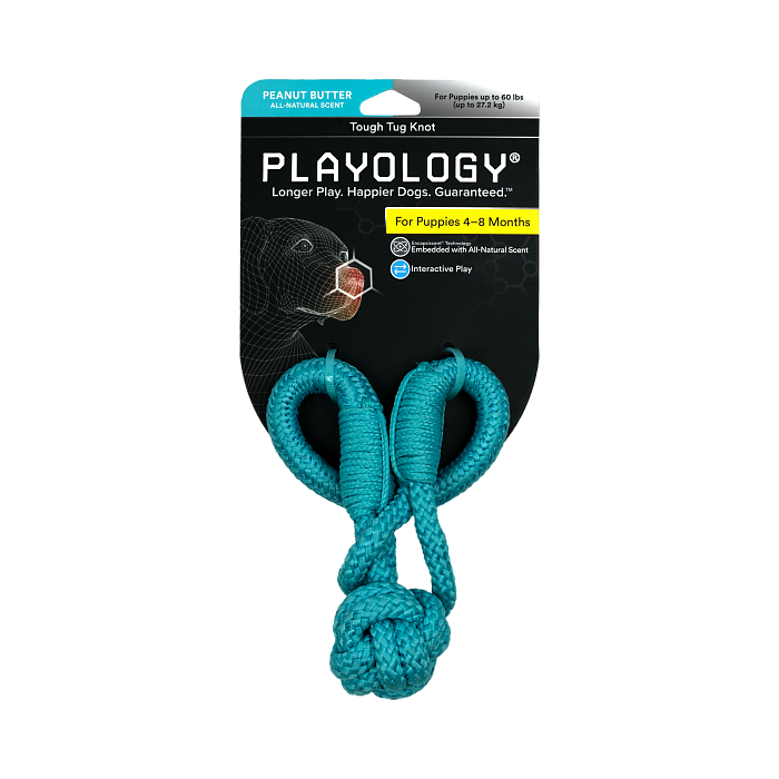 Playology жевательный канат TOUGH TUG KNOT для щенков 4-8 месяцев с ароматом арахиса, цвет голубой СКИДКА 50%